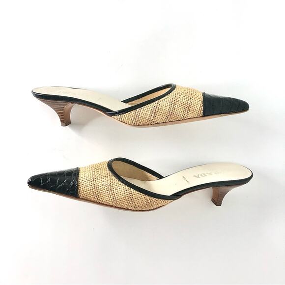 Prada Y2K Vintage Raffia Cap Toe Croc Emboss Kitten Heel Pointed Toe Mules 38.5 - Picture 7 of 13